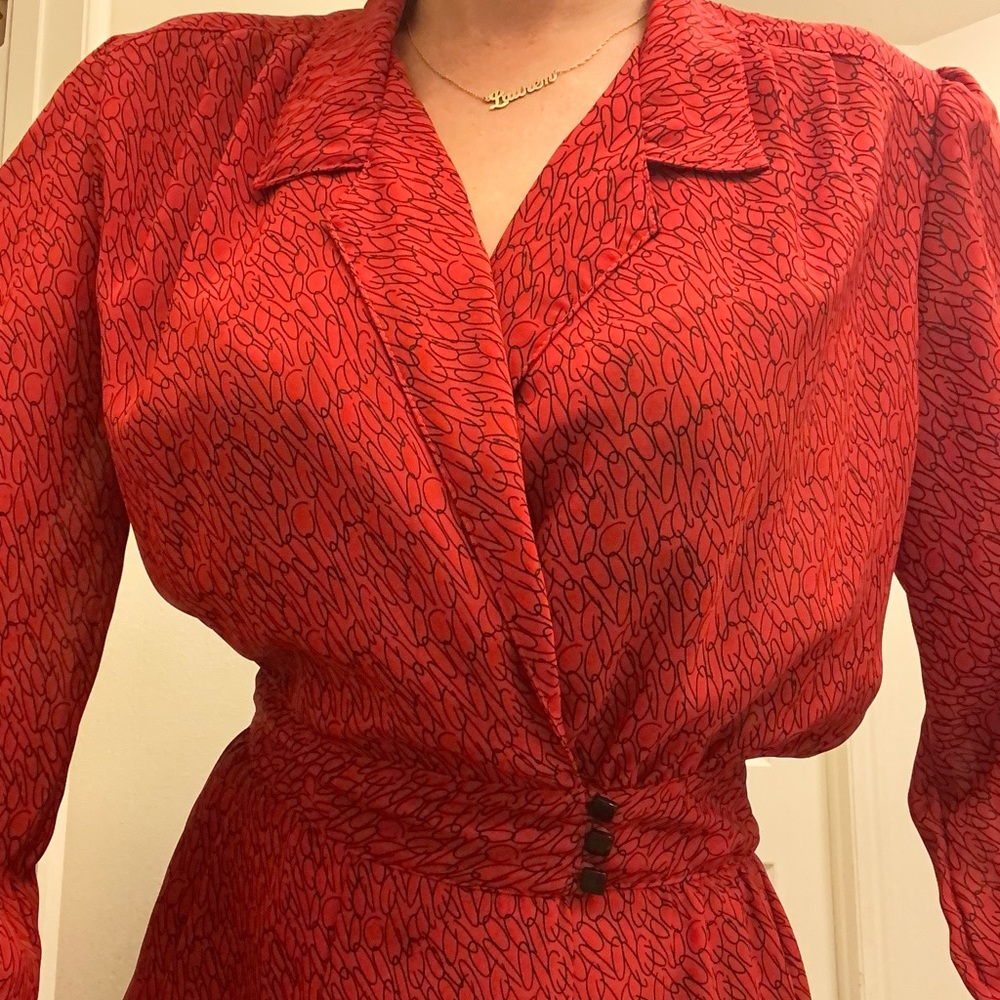 80s Red Doodle Semi-Sheer Cocktail Dress VINTAGE - Picture 9 of 10